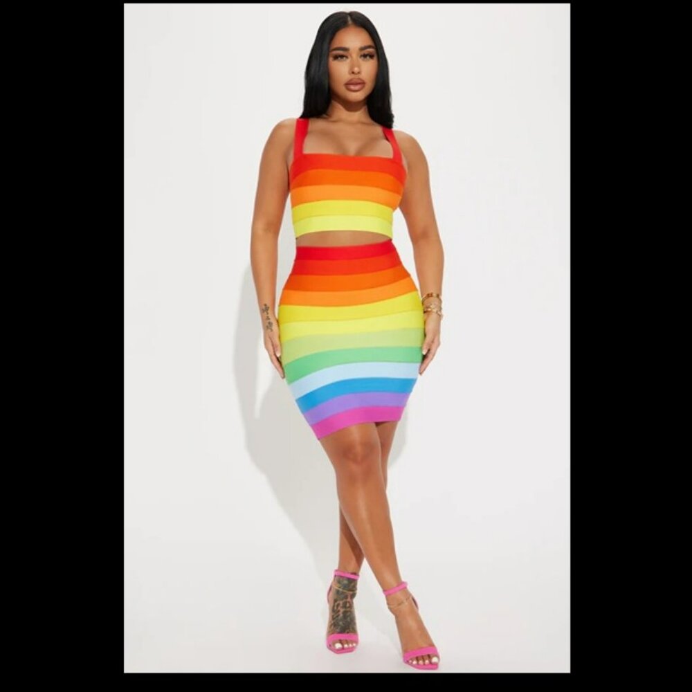 Rainbow Life Bandage Skirt Set Crop Top & Mini Skirt Sz XL